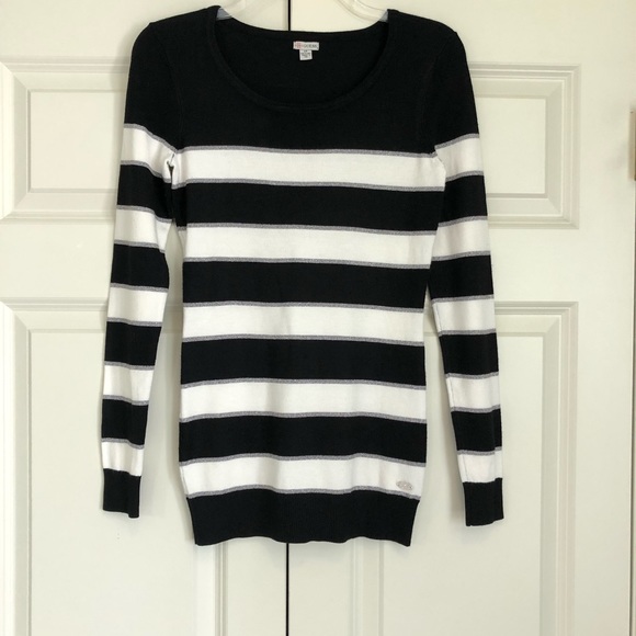 Women's Striped Black, White, & Silver Guess Sweater, Size Small Petite - Picture 2 of 16